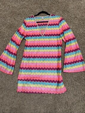 Luli Fama Multicolor Chevron V-Neck Swim Coverup - Pink, Aqua, Yellow, Purple